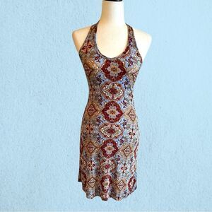 90s vintage slinky patterned halter dress